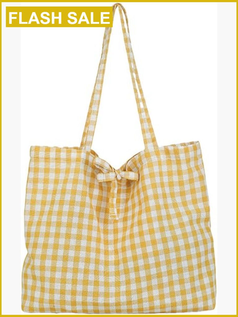 Gingham Tote Bag Large Canvas Beach Handbag Lightweight Shoulder